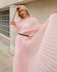 Pleated long dress with organza pleated cape sleeves in Light Pink