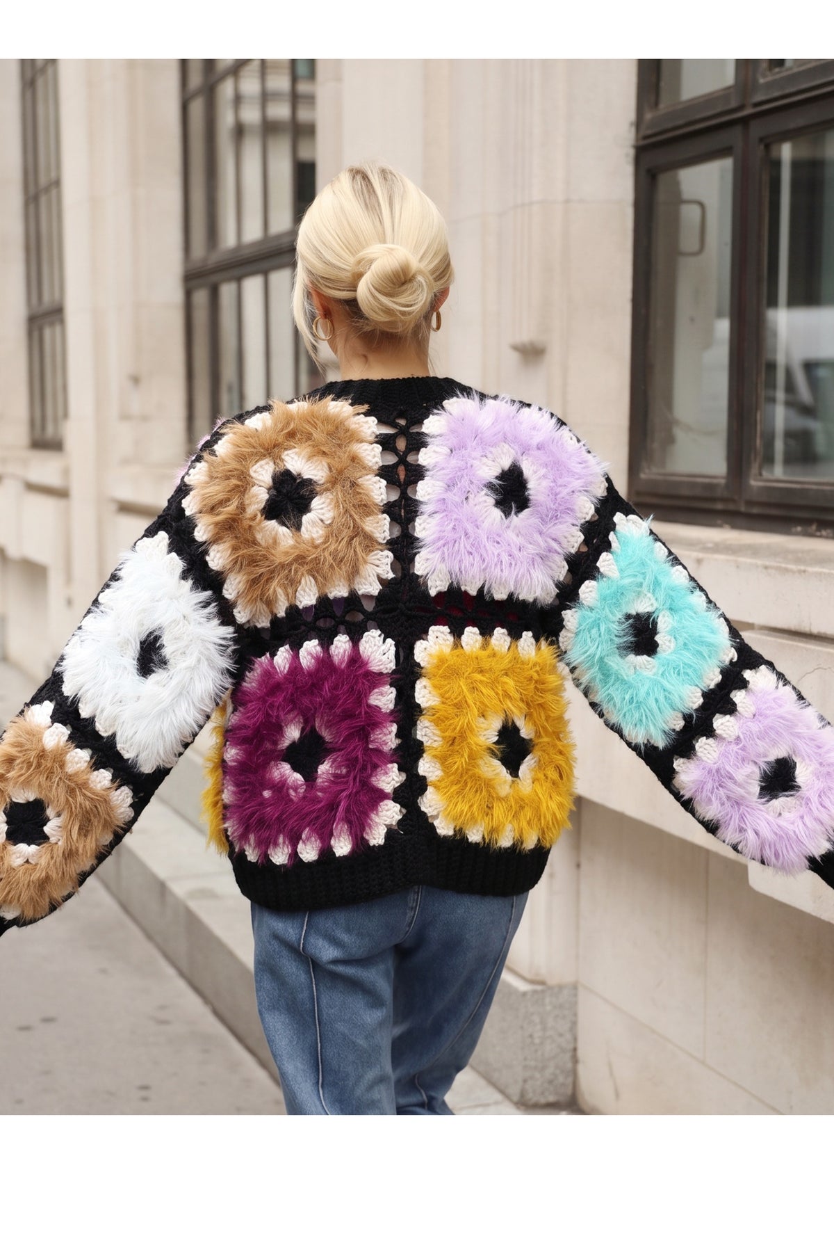 Hand Knit Fluffy Multicolour Granny Square Cardigan
