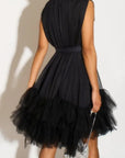 Stand collar shift dress with heavily gathered tiered mesh frills shirt hem design