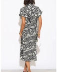 Multi Leaves' print Cotton Linen shirt dress short sleeves in Black