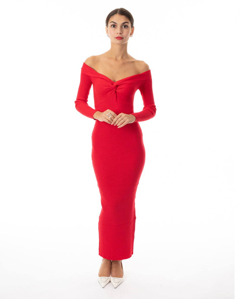 Soft Knit off the shoulder neckline long sleeves bodycon dress in red