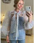 White color Oversized Organza shirt in polka dot print with bow design