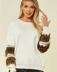 Leopard look faux fur embellished sleeves jumper