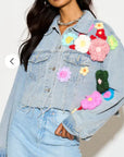 Statement Denim Jacket with Hand-Crochet Floral Appliqué