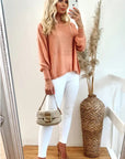 Knitted Plain Colour Brushed Bell Sleeves Jumper