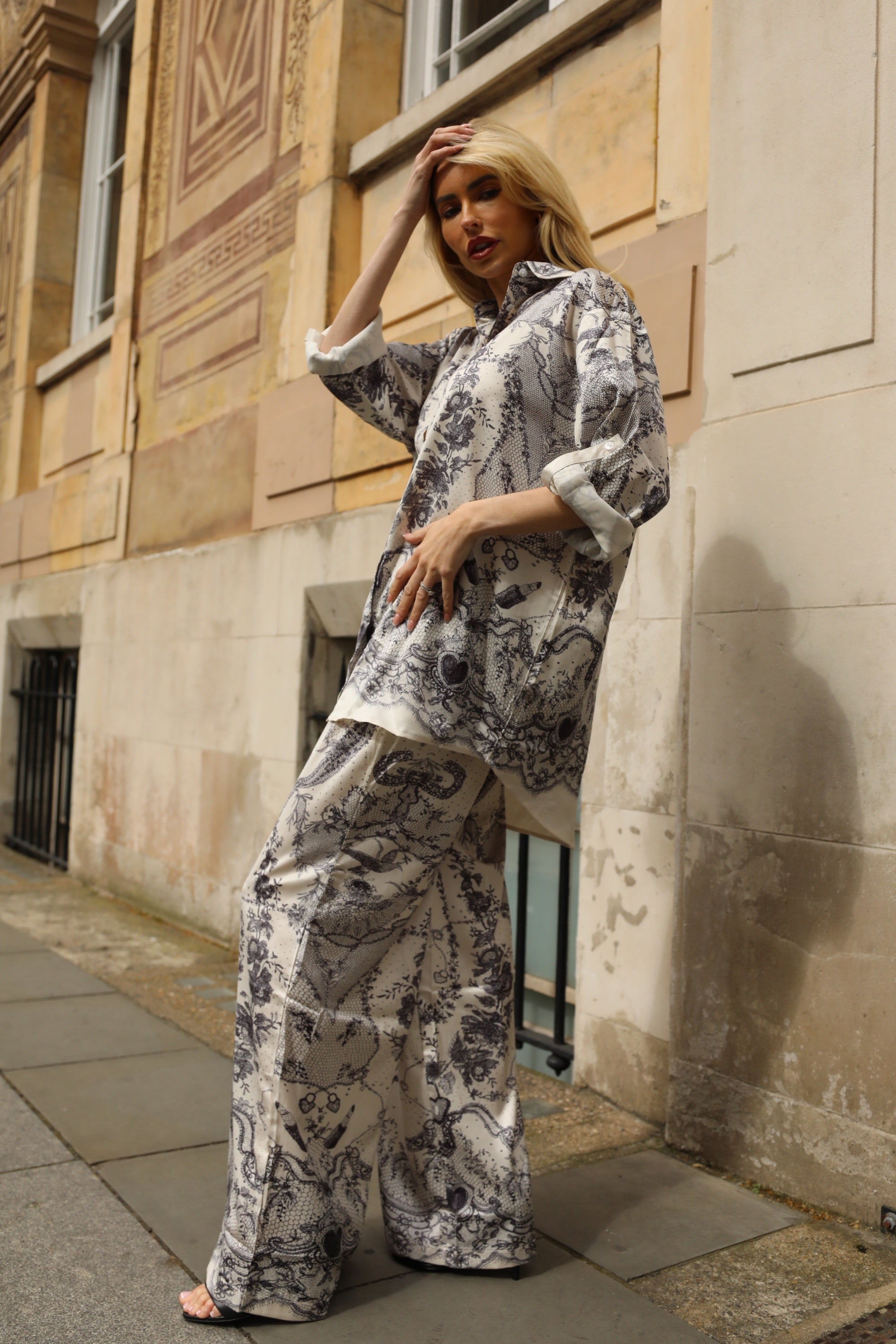 Vintage Toile Print Oversized Shirt &amp; Wide-Leg Trousers Co-Ord Set