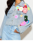 Statement Denim Jacket with Hand-Crochet Floral Appliqué