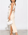 Knitted bodycon style vest top with tie up design and midi pencil skirt co-ords set in beige