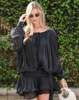 Silky satin feeling Cape sleeves design short dress in Black
