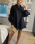 Oversized Ballon sleeves with tie up cotton blend shirt in black