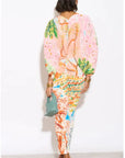 Leaves and Floral Scarf Pirnt Pleated Dress in Kimono sleeves