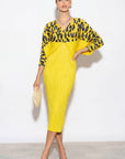 Yellow Leopard print color blocking Print Pleated Dress in Kimono sleeves