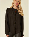 Mandarin Collar Plain color Chiffon Shirt (Black)