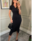 Soft cotton knit dress with collared and buttons down design in Black