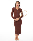 Brown color Soft knit long sleeves bodycon dress with blue line contrast design