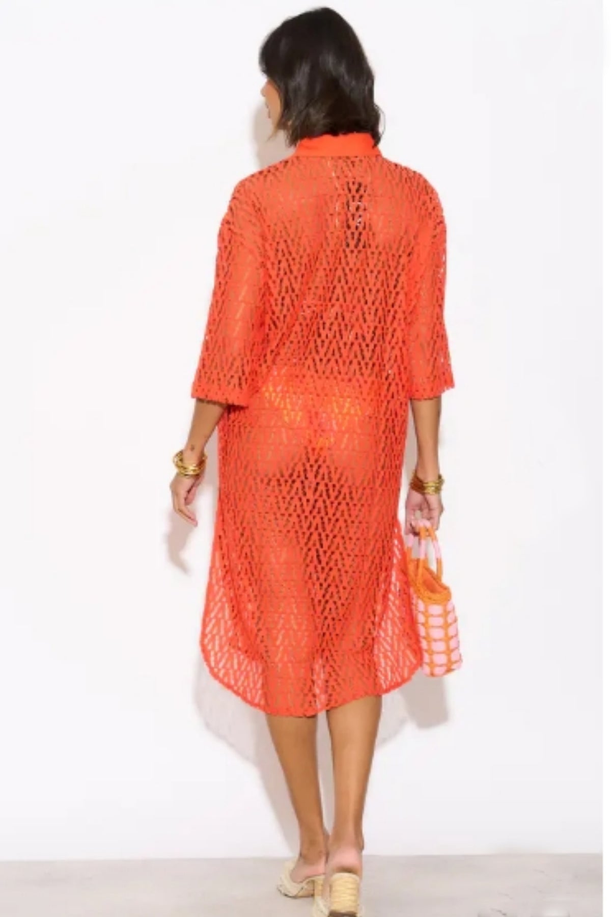 V pattern Lace kaftan dress in Orange Holiday wear collection