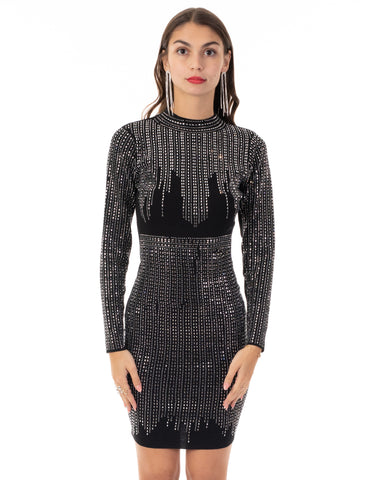 Long Sleeves Diamond Sequin short Dress in Black