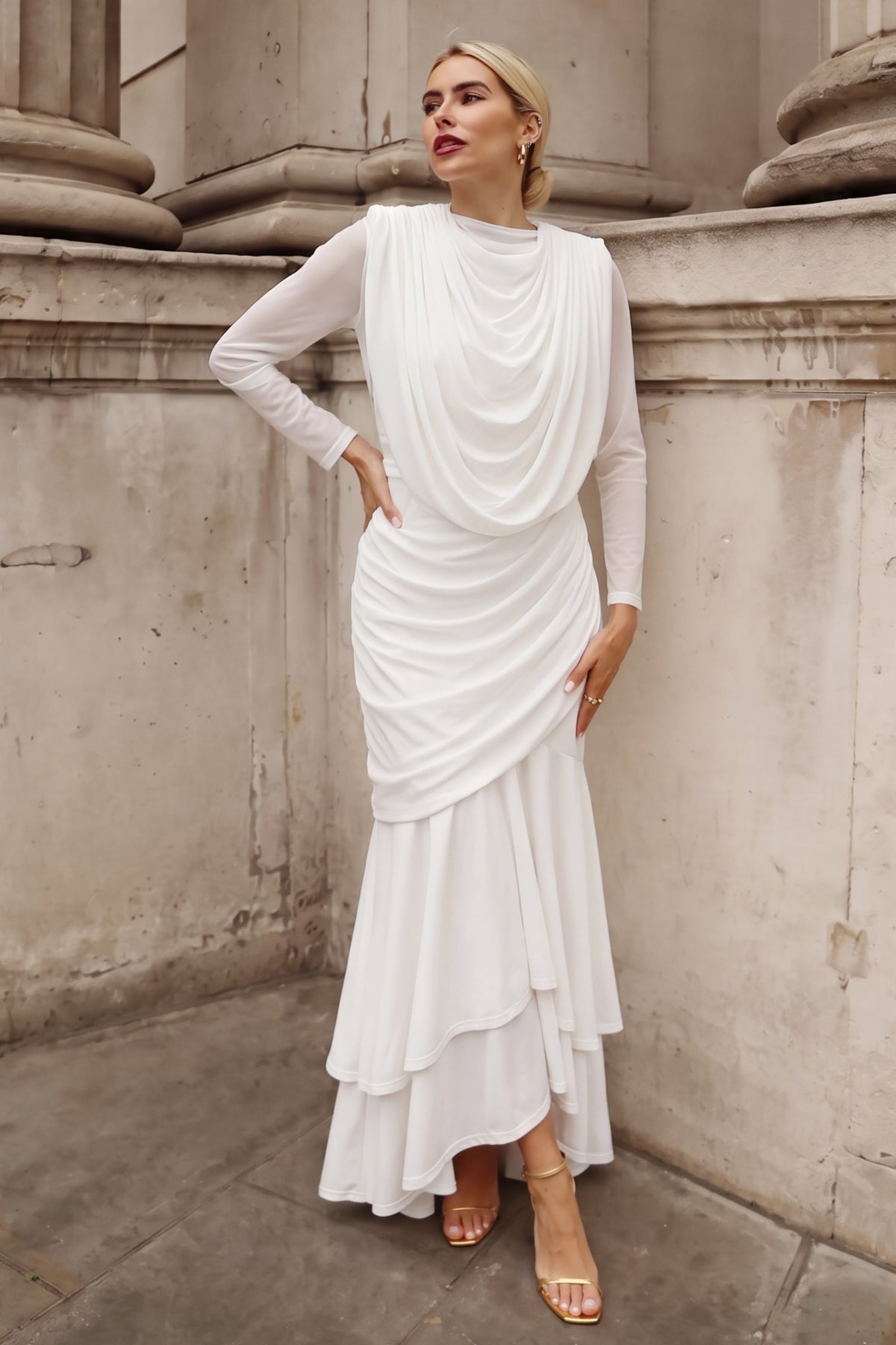 Statement Draped Mesh Layered Maxi Dress in White