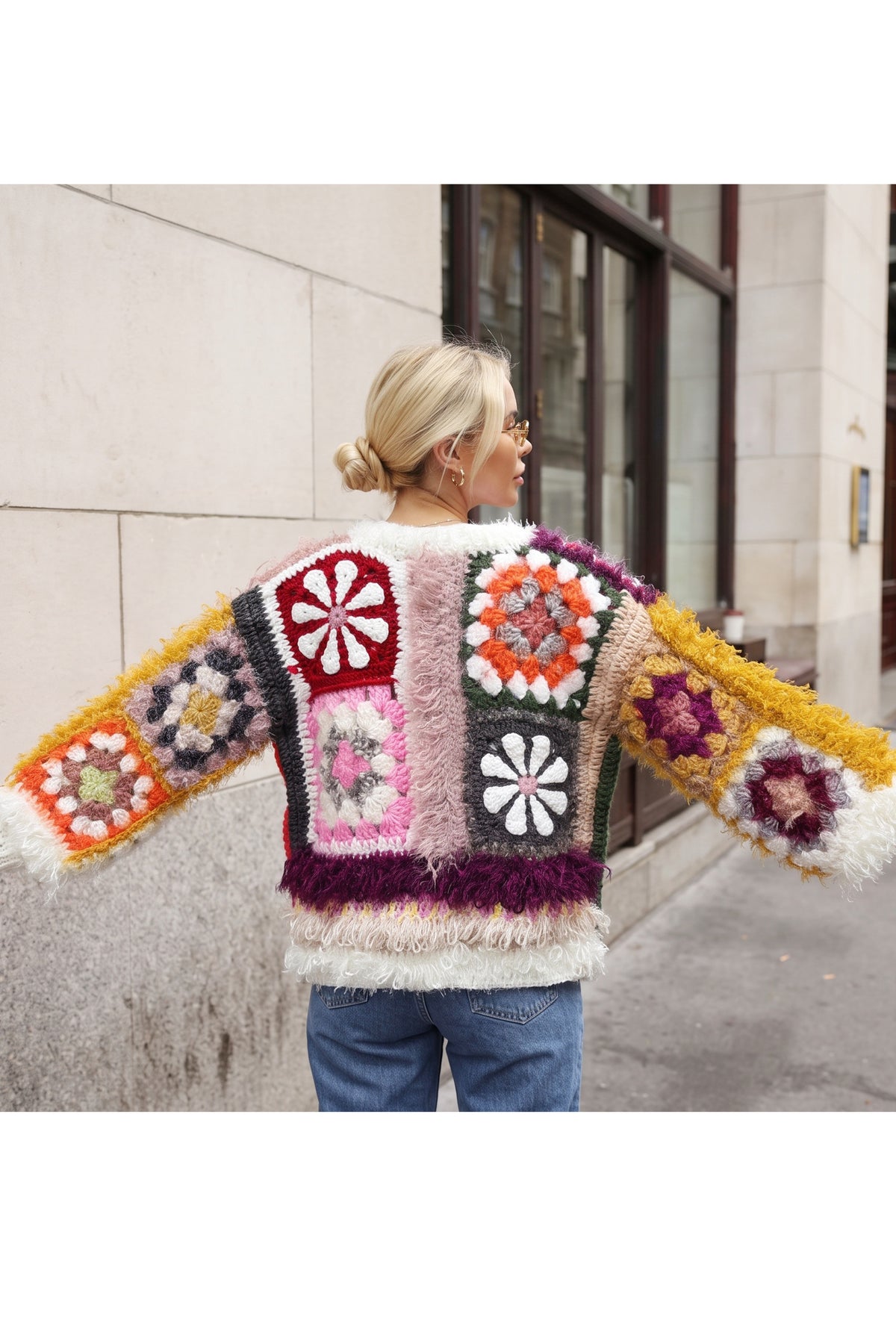 Hand Crochet Floral Patchwork Shaggy Statement Cardigan