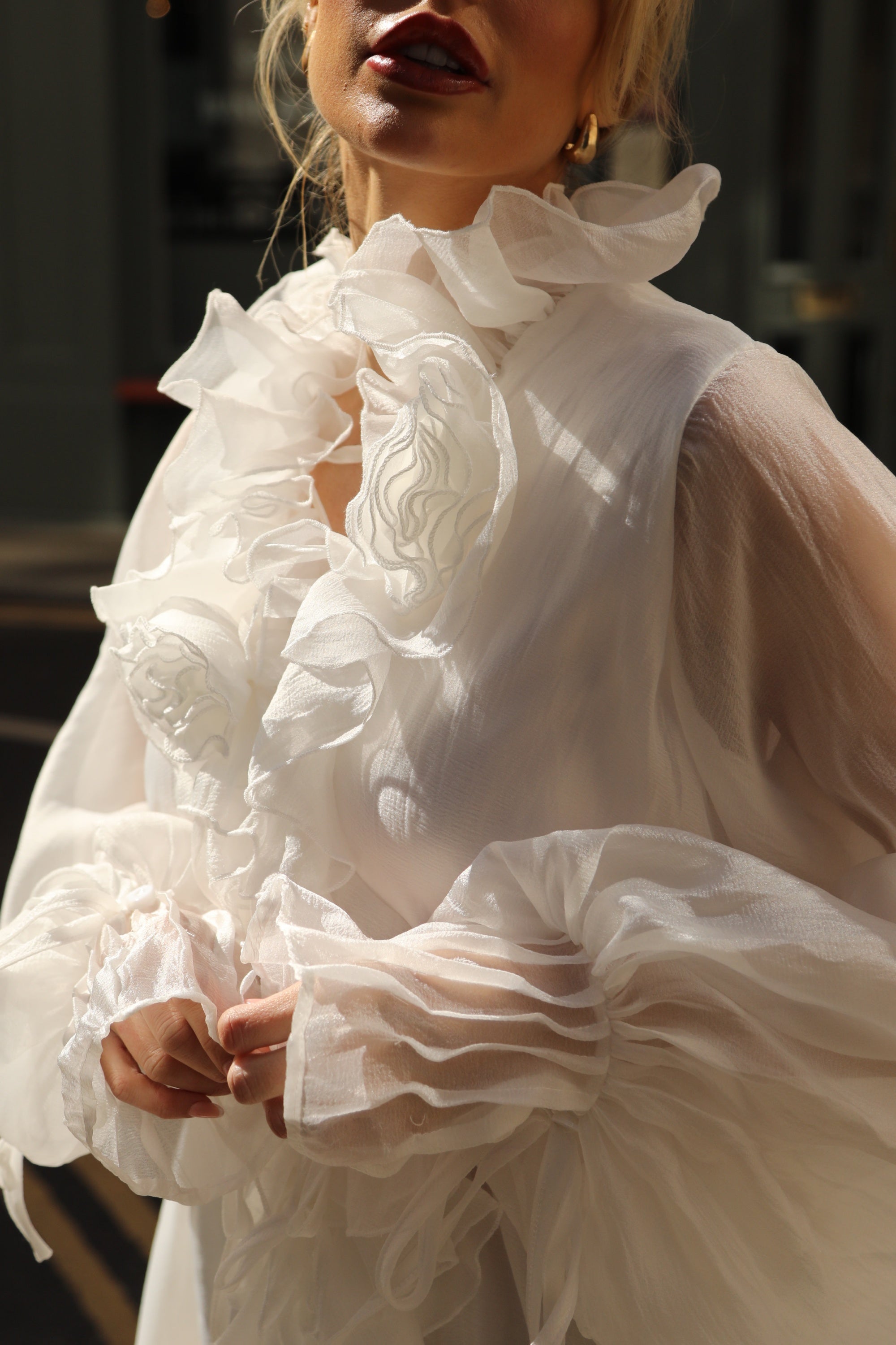 Rose Floral Tie-Neck Oversized Midi Dress In White