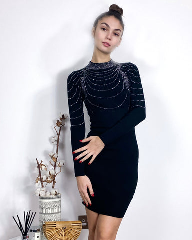 Long sleeves Chain Embellished bodycon dress in black