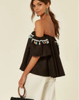 Off shoulder multicolor tasseled trim top (BLACK)