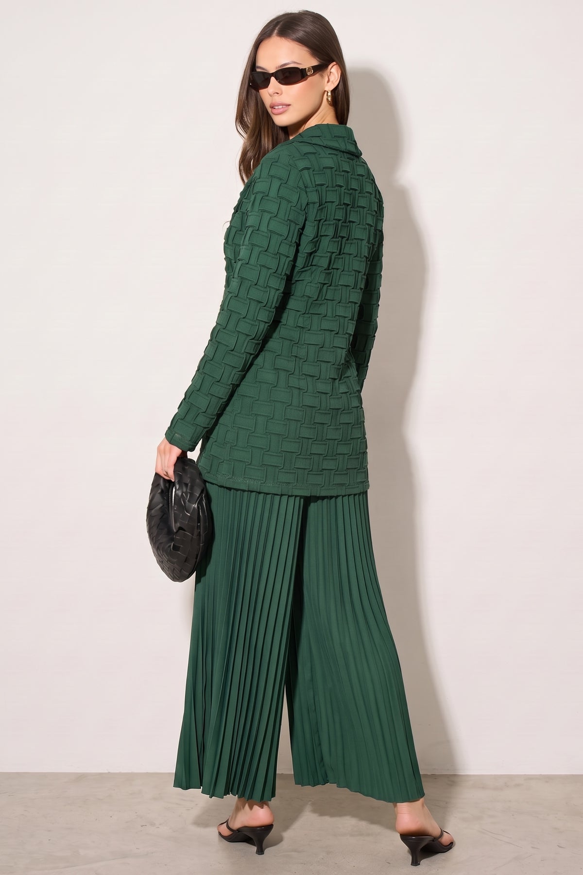Textured Woven Jacket &amp; Pleated Wide-Leg Trousers Co-Ord Set