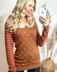 Dot and Strip Print with Crochet Collar Jumper