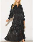Silky feeling organza midi dress with ruffle design on sleeves and skirt hem in Black