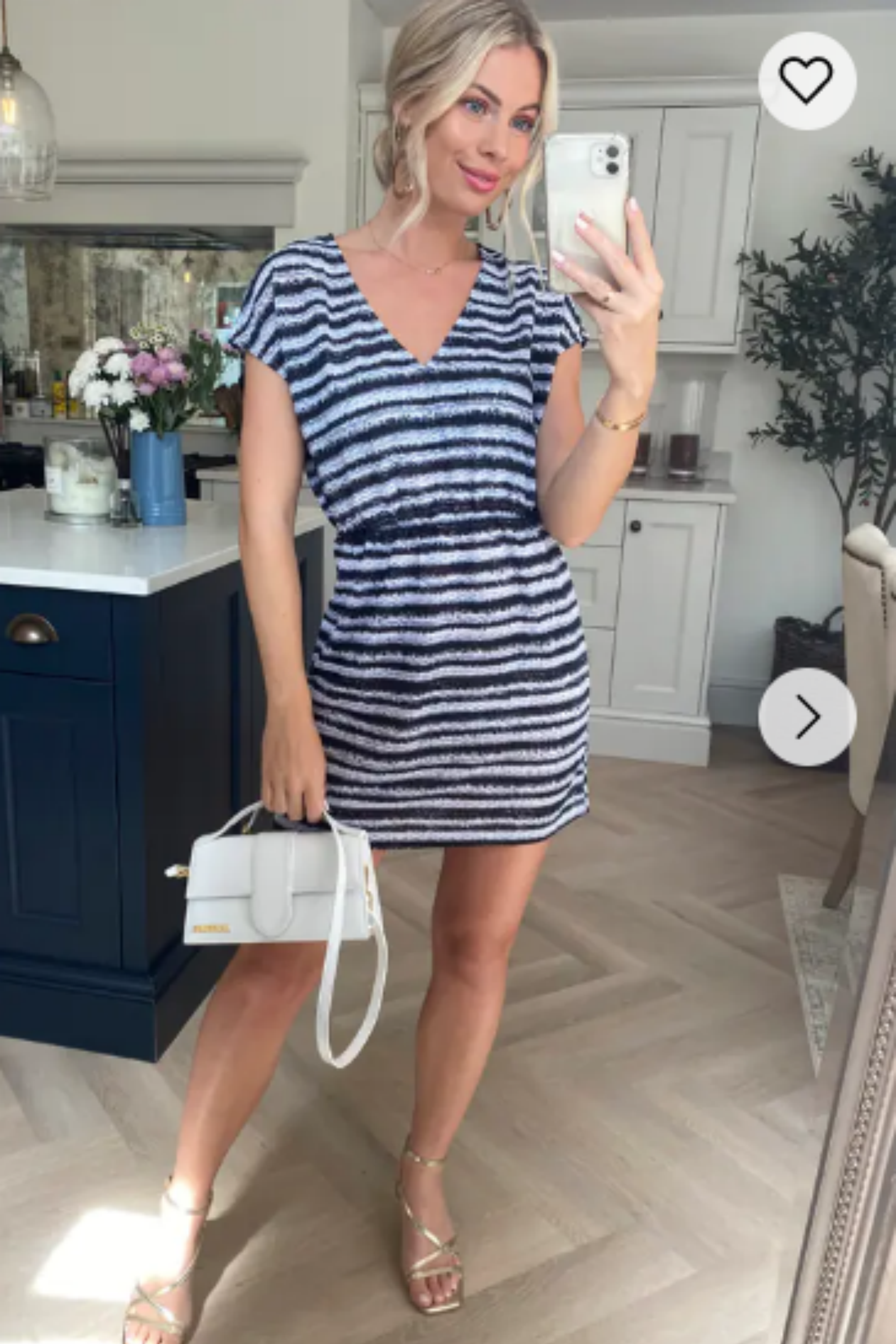 Short Sleeve V Neck Mini Dress in Black Stripe