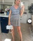 Short Sleeve V Neck Mini Dress in Grey and White Stripe