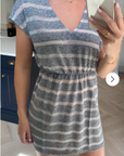 Short Sleeve V Neck Mini Dress in Grey and White Stripe