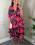 Floral Print Ruffle Multi Layer Hem Design Dress