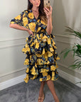Floral Print Ruffle Multi Layer Hem Design Dress