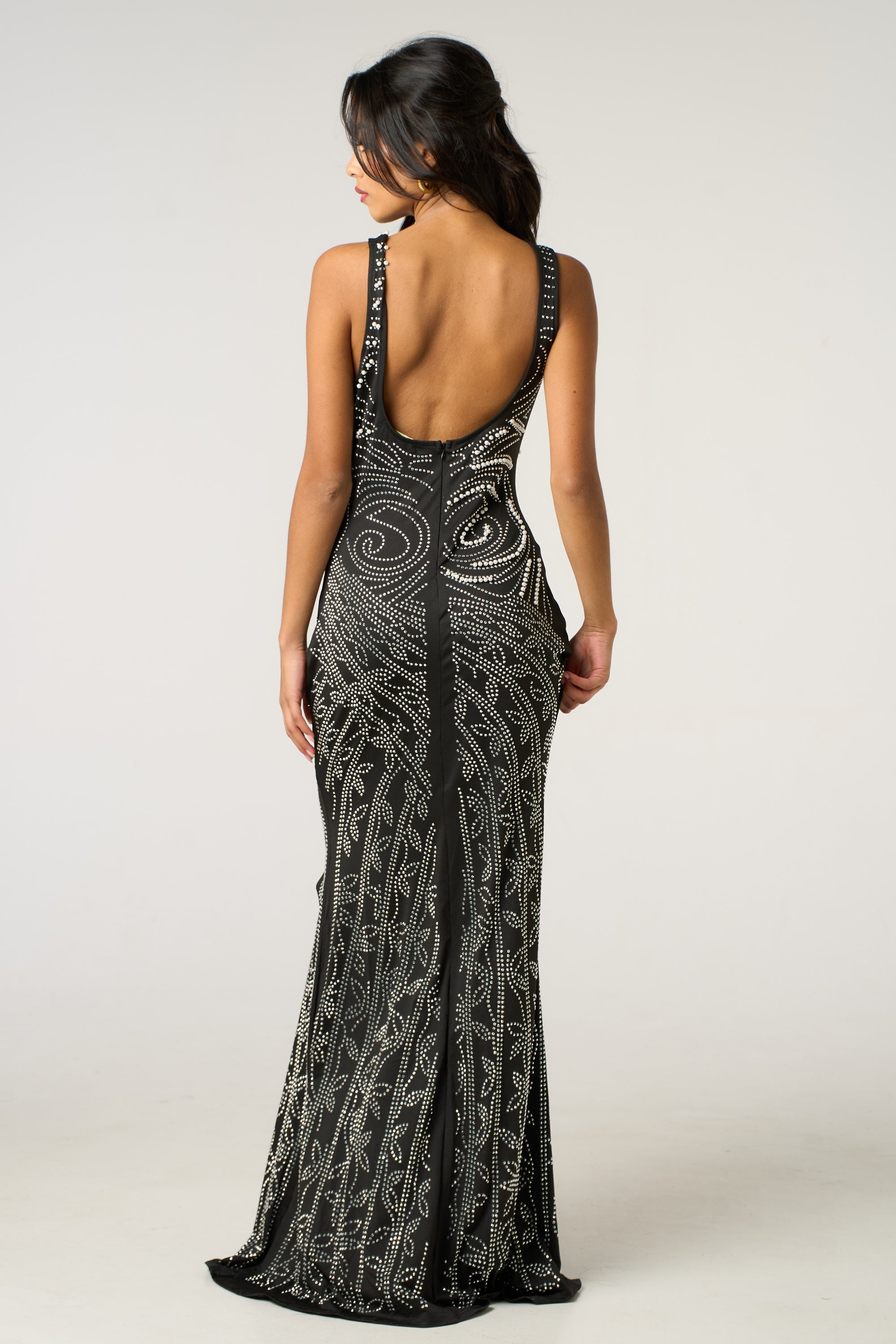 Multi Diamond and Pearl Embellished Open Back Maxi Dress