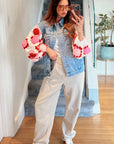 Handknit Floral Patten Sleeves Denim Jacket in Pink