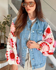 Handknit Floral Patten Sleeves Denim Jacket in Pink