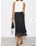 Pleated Midi Skirt with multi fringed tassel hem design in Black