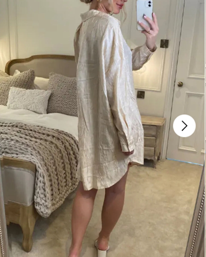 Oversized long shirt dress in textured jacquard design fabric beige color