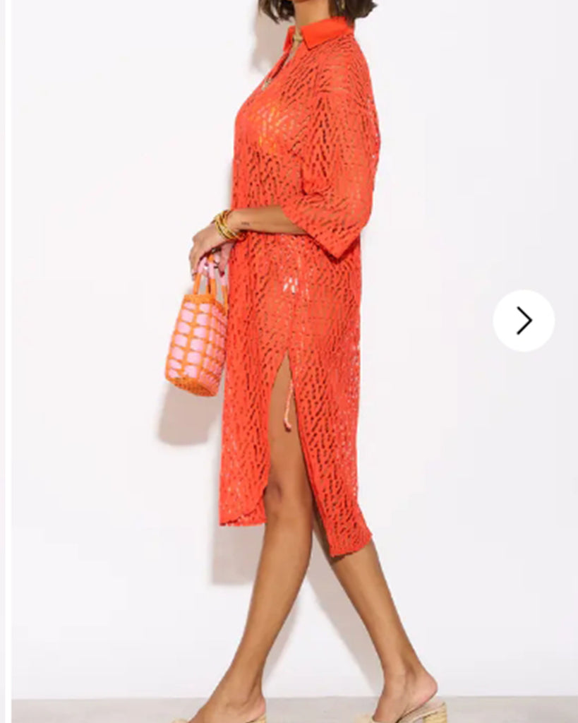 V pattern Lace kaftan dress in Orange Holiday wear collection