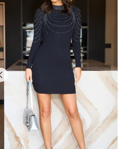 Long sleeves Chain Embellished bodycon dress in black