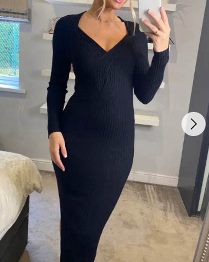 Soft Knitted Ribbed Midi Bodycon front twist design Dress In Black