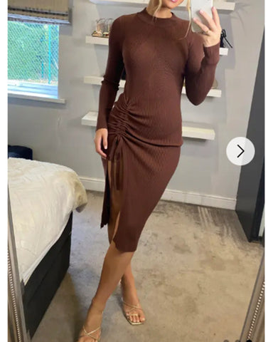 Soft Knitted Ribbed Midi Bodycon Side Split Tie up design Dress In Brown