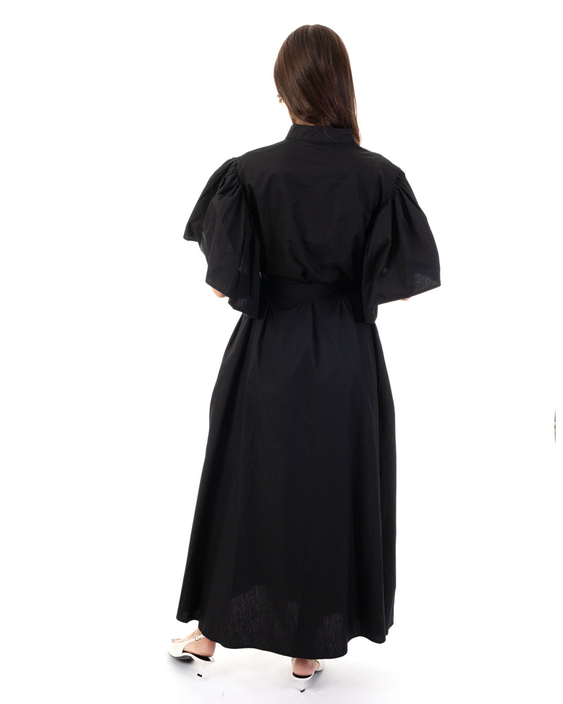 Cotton blend oversized shirt dress with ruffle sleeves design in Black