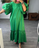 Oversized Puff Sleeves ruffle hem design Maxi dress in Green