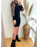 Black Bodycon Knit Dress with Polka Dot Organza Sleeves