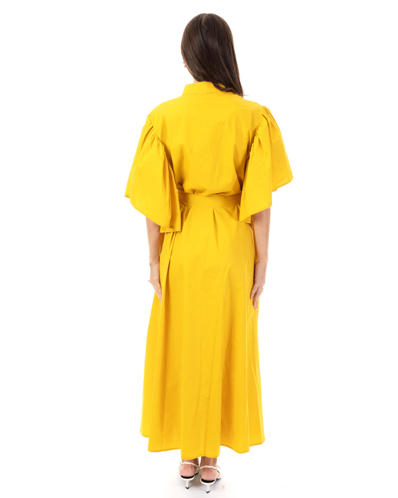 Cotton blend oversized shirt dress with ruffle sleeves design in yellow