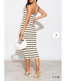 Knitted stripe print with straps design midi bodycon dress in cream