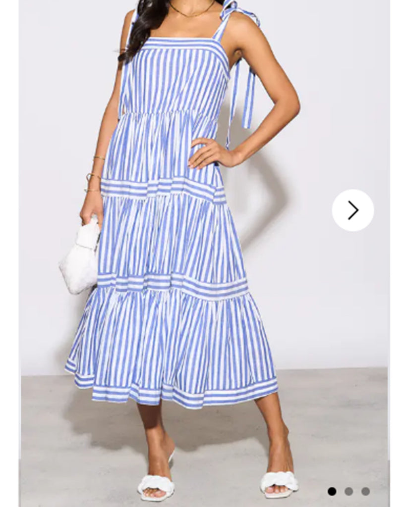 Blue Stripe Print Comfort Cotton Blend Midi Dress