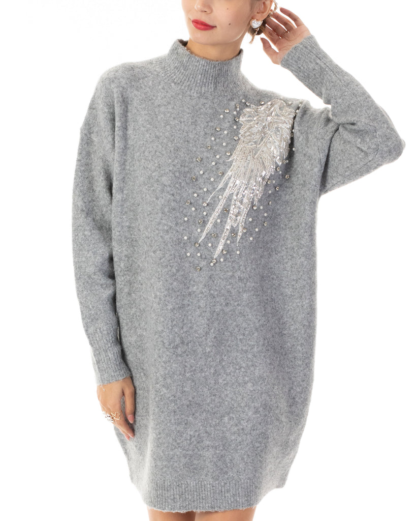 Multi Diamonded and Sequin design pattern Embroidered Long Jumper in grey